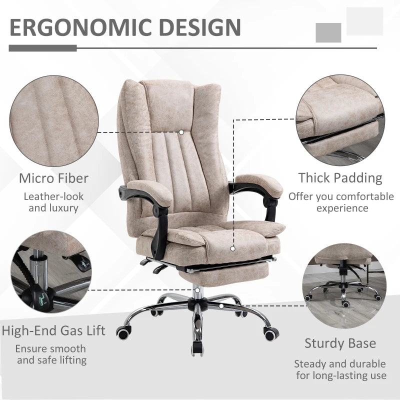 Vinsetto Microfibre Home Office Chair - Reclining Desk Chair with Armrests, Swivel Wheels & Footrest in Beige