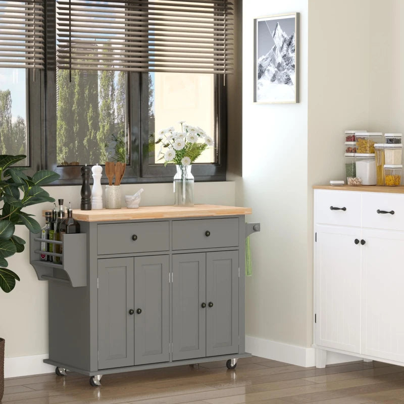 Rolling Kitchen Island Storage Trolley with Rubber Wood Top & Drawers - Stylish Grey Dining Room Cart