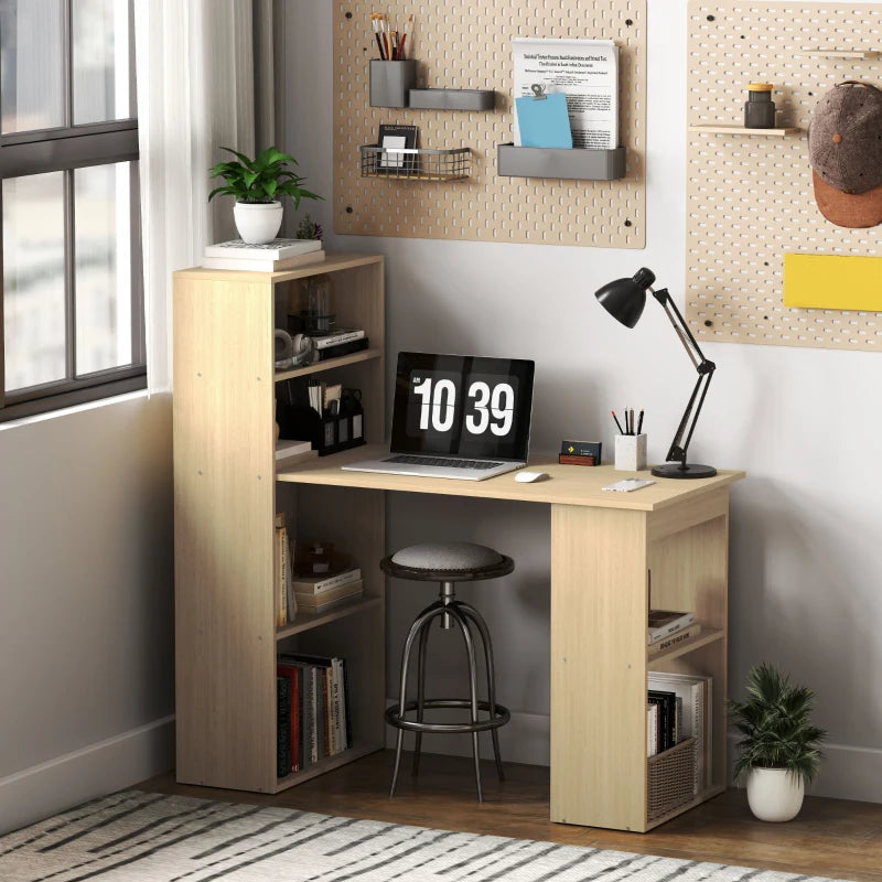 120cm Wooden Computer Desk with 6-Tier Bookshelves - Home Office Laptop Table, Study Writing Workstation in Natural Wood