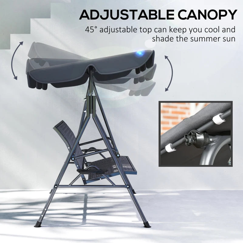 3 Seater Garden Swing Chair with Adjustable Canopy, Rattan Seat & Steel Frame, Grey
