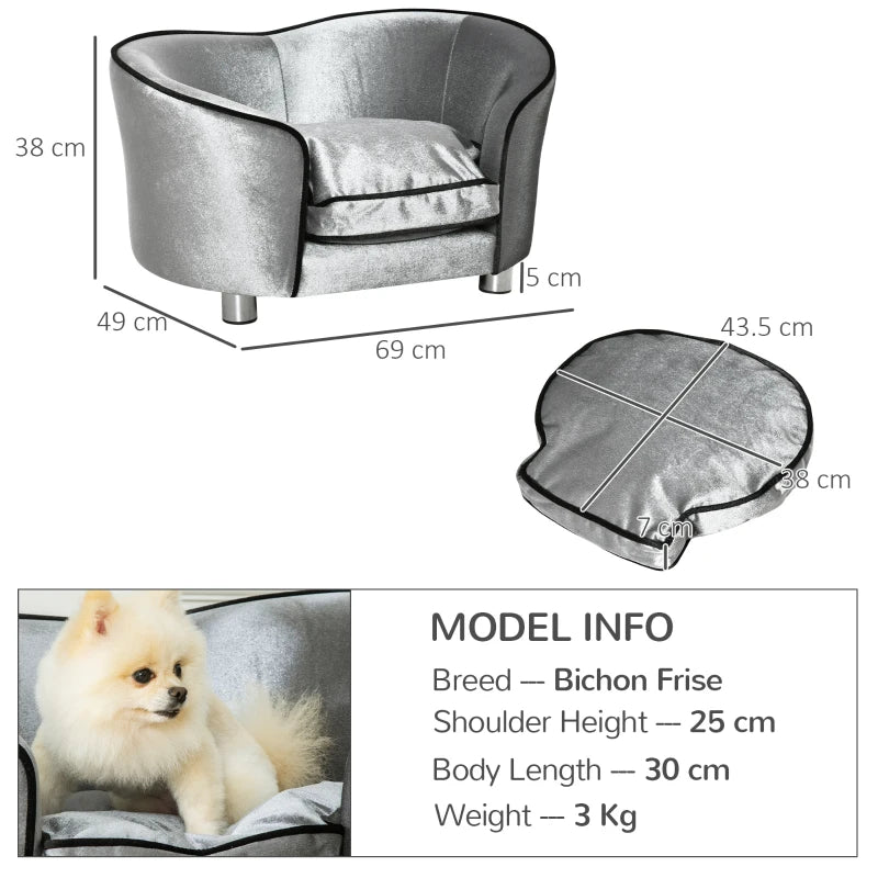 Stylish Dog Sofa Pet Chair with Wooden Frame, Removable Cushion - Grey & Silver-Tone Kitten Bed Couch