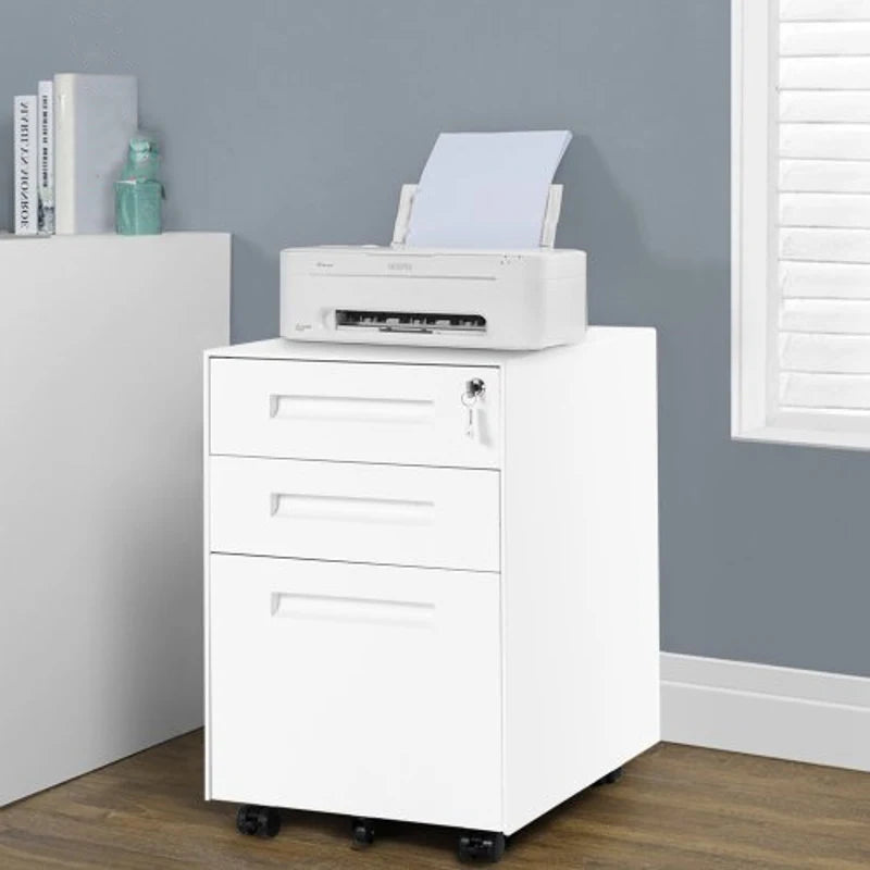 Mobile File Cabinet with 3 Lockable Drawers & Casters, Enamel Steel Side Table for Office & Study, White, 41x52x60 cm