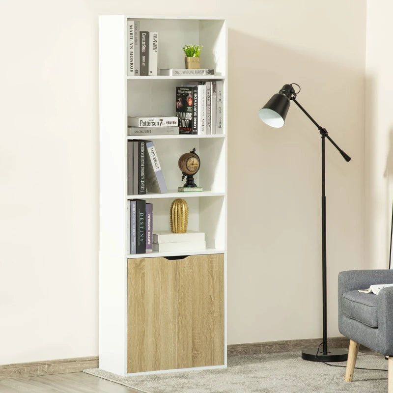 6-Tier Tall Bookcase with 4 Open Shelves & Double Door Storage Cabinet - Freestanding Display Rack for Living Room, Bedroom, Home Office - White & Oak