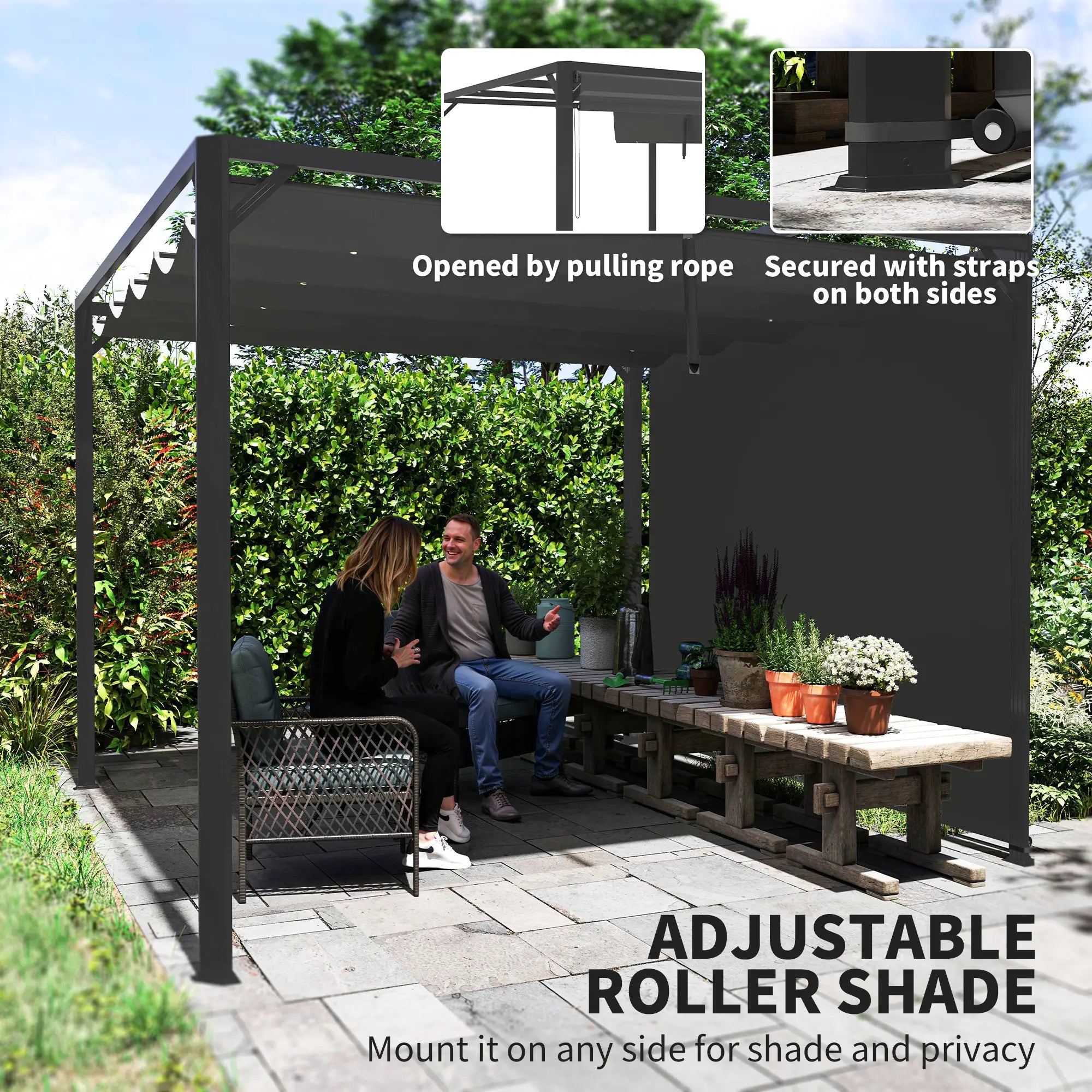 3m x 3m Aluminium Pergola With Retractable Roof and Wall - Dark Grey
