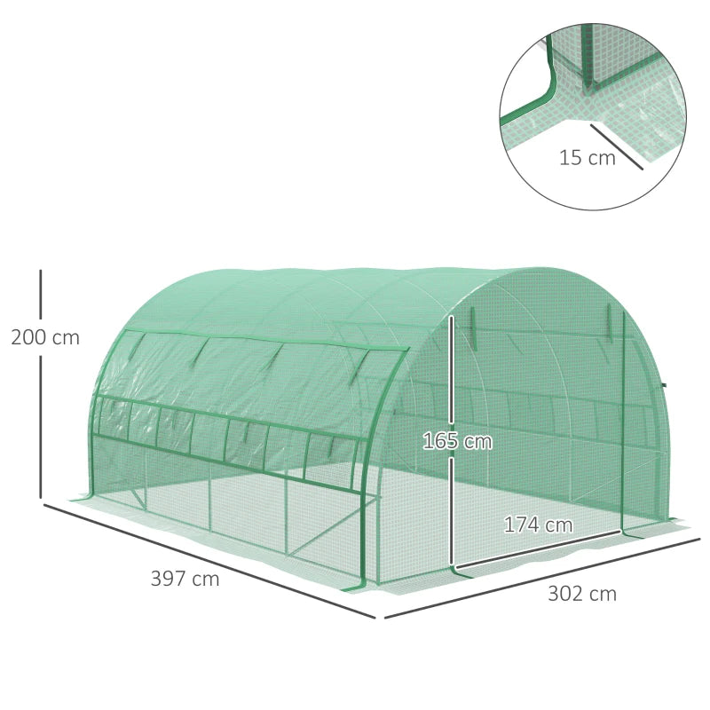 Green Walk-in Polytunnel Greenhouse with Roll-up Sidewalls, Zipped Door, 8 Windows - 4x3x2m