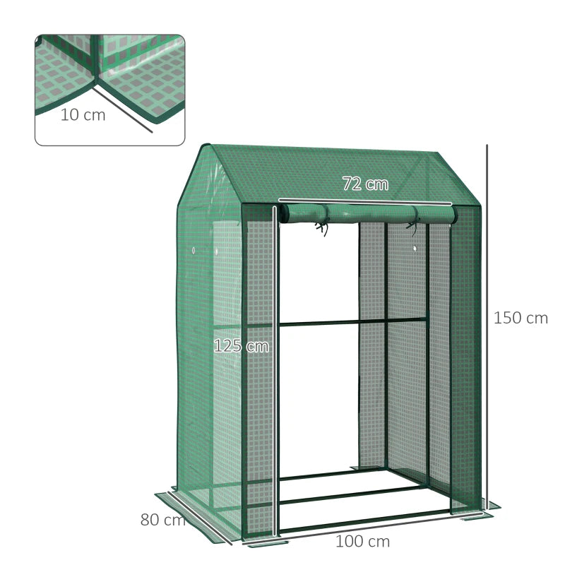 Compact Green 2-Room Mini Greenhouse with Roll-up Doors, Vent Holes, 100x80x150cm