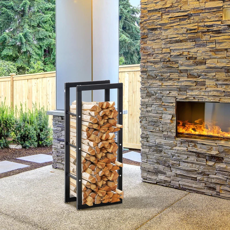Tall Metal Firewood Log Holder Rack - Indoor/Outdoor Fireplace Wood Storage Shelf, Rust-Resistant, Black, 40W x 25D x 100H cm
