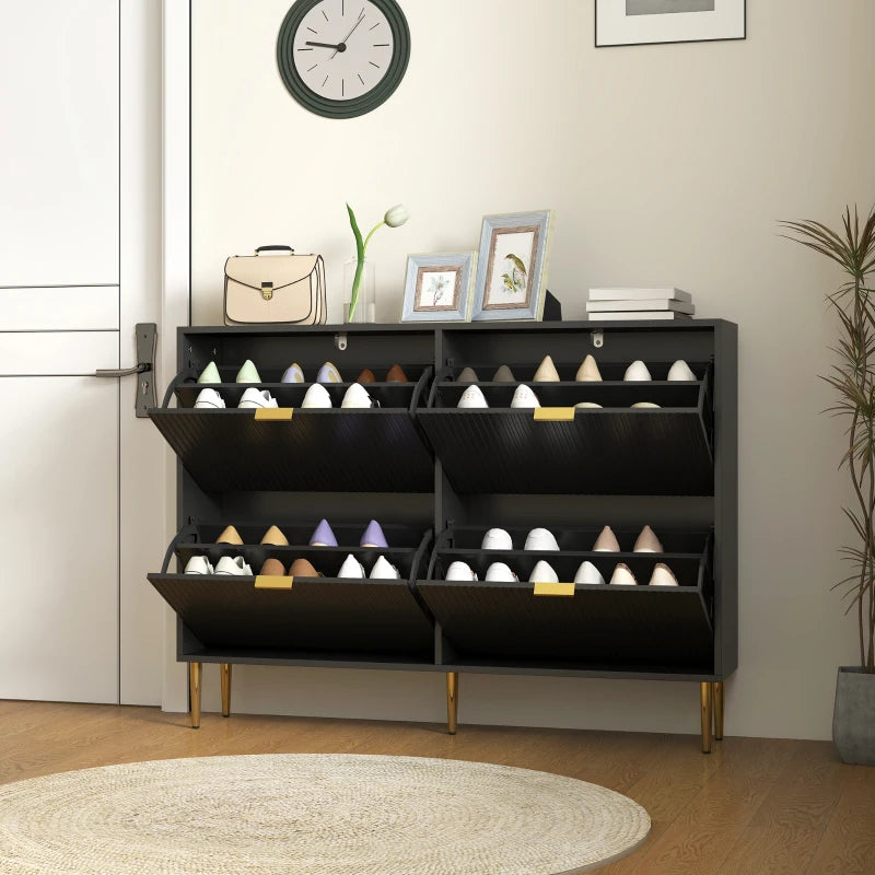 Narrow Black Shoe Cabinet with 4 Flip Drawers for Space Saving Storage