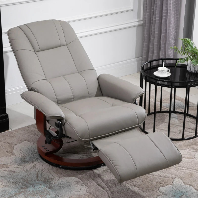 Grey Faux Leather Manual Recliner Armchair with Wooden Base for Living Room and Bedroom Comfort