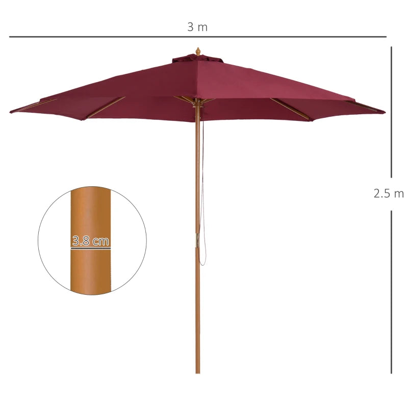 Wine Red 3m Wooden Patio Umbrella with Pulley Mechanism