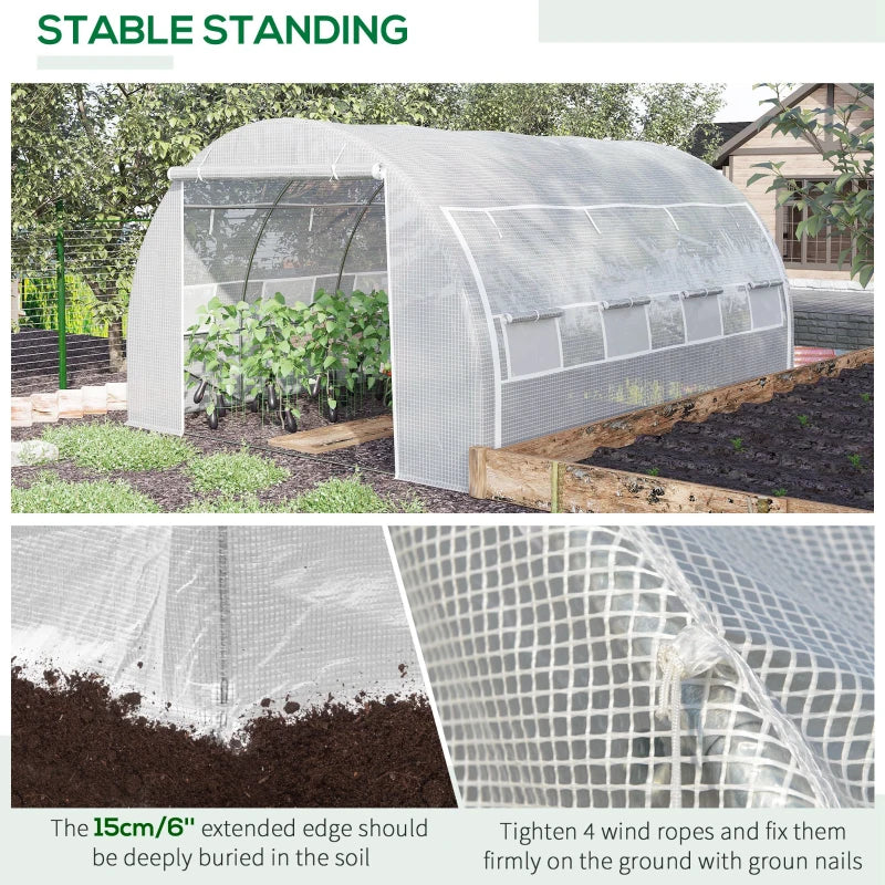 Green Walk-in Polytunnel Greenhouse with Roll-up Side Walls, Steel Frame, Zipped Door - White