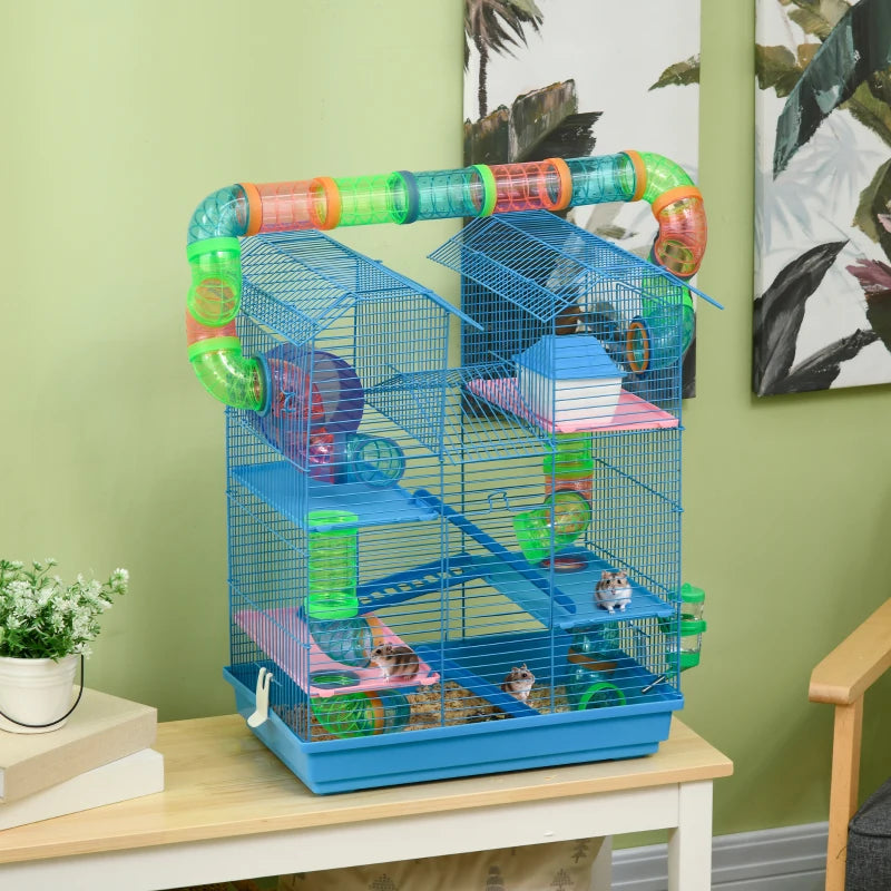 5-Tier Hamster Cage with Exercise Wheels, Tunnel Tube, Water Bottle & Dishes - Blue Habitat for Dwarf Mice