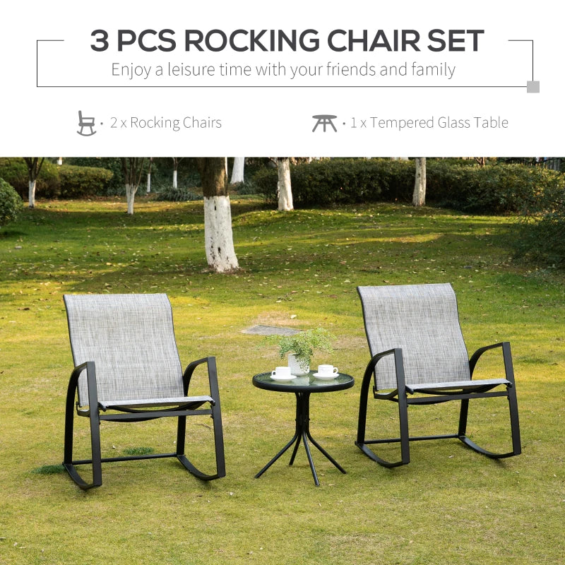 Grey Rocking Chair Bistro Set with Glass Table for Outdoor Spaces