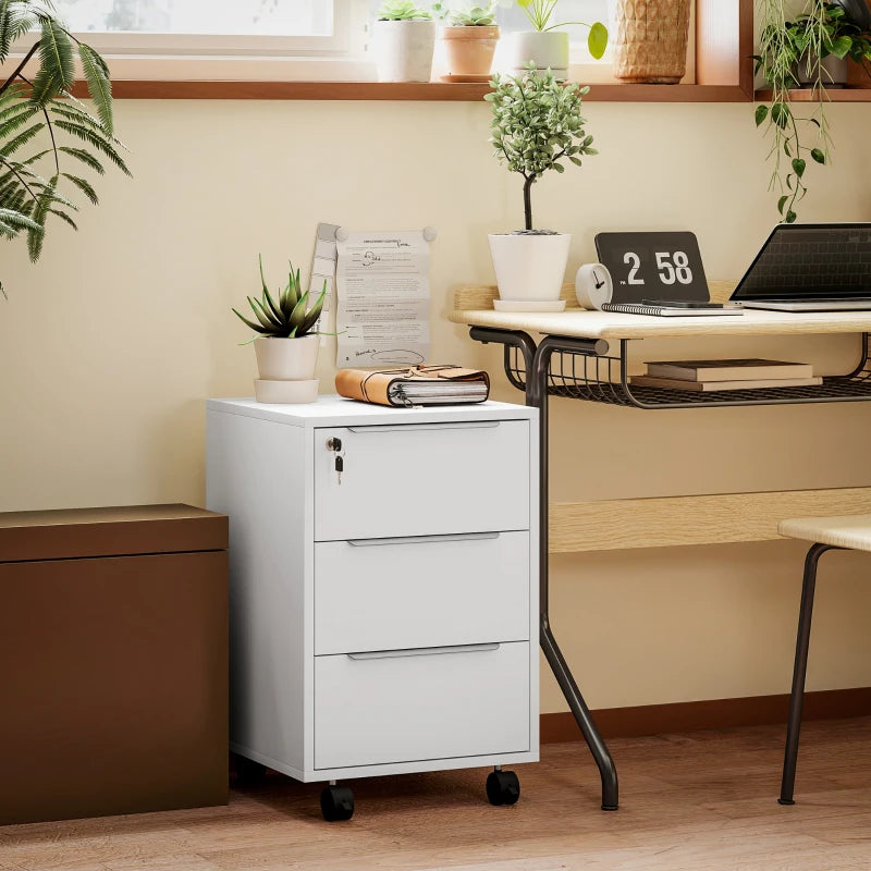 Secure White Three-Drawer Filing Cabinet with Lock - Ideal for Home Office Storage and Organization