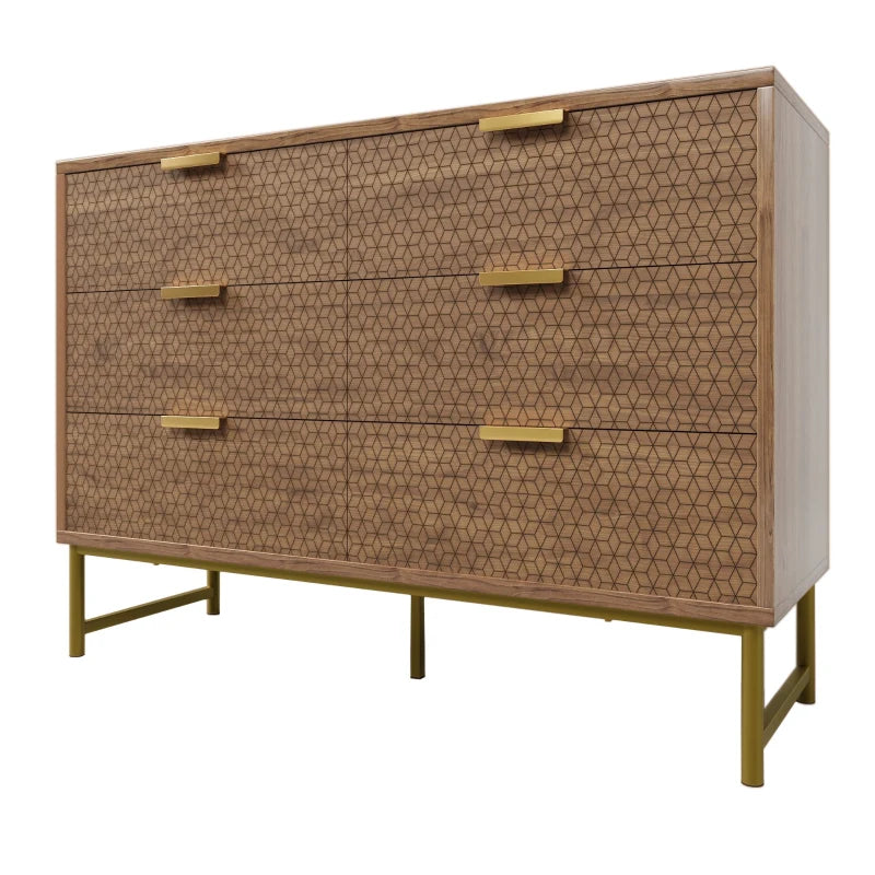 Embossed Wood Chest of Drawers - 6-Drawer Sideboard, Anti-Tip Design, Walnut Finish, 120x40x75 cm for Living Room