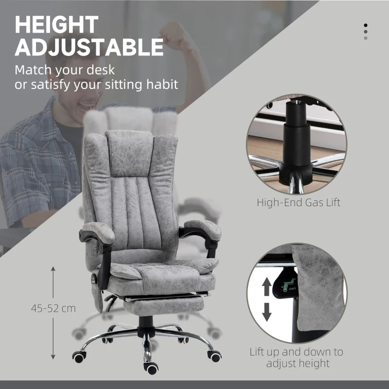 Vinsetto Grey Office Chair with Massage & Heat, Reclining Microfibre Desk Chair with Footrest, Adjustable Height & Swivel Wheels