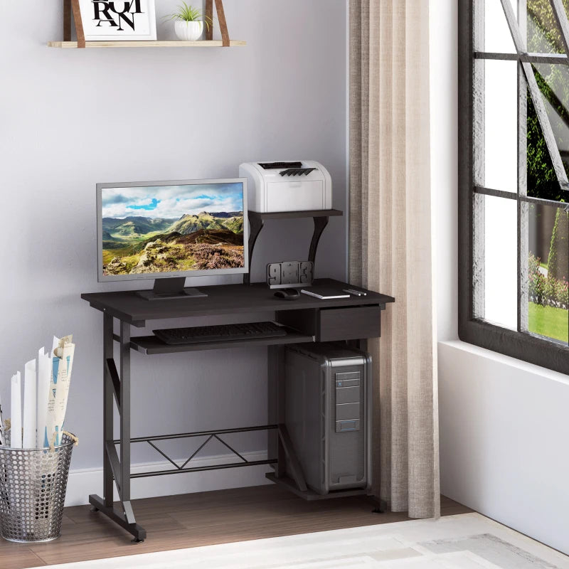 Dark Brown Computer Desk with Display Stand, Sliding Keyboard Tray, Host Box Shelf - Stylish Home Office Workstation