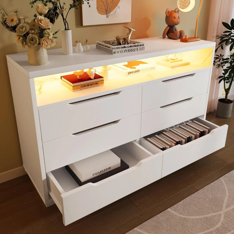 Modern Marbled 6-Drawer Sideboard with RGB LED Lighting - Stylish Storage Cabinet for Living Room & Home Office, 120x40x85 cm, White