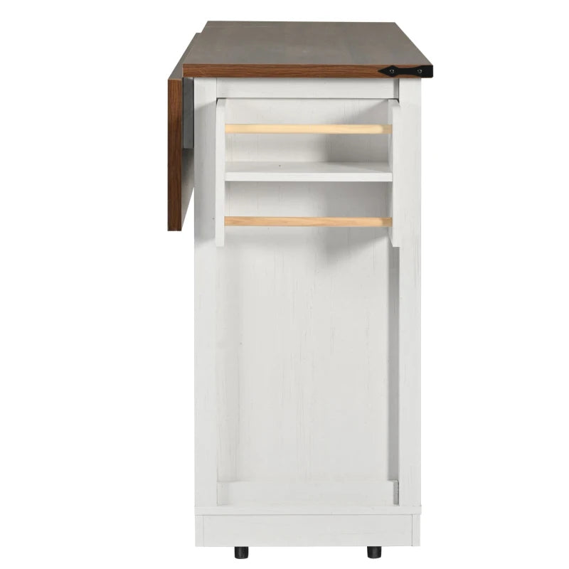 Elegant White Kitchen Island with Extendable Worktop, Smooth Wheels, Ample Storage & Foldable Cabinet - 140x45x94 cm