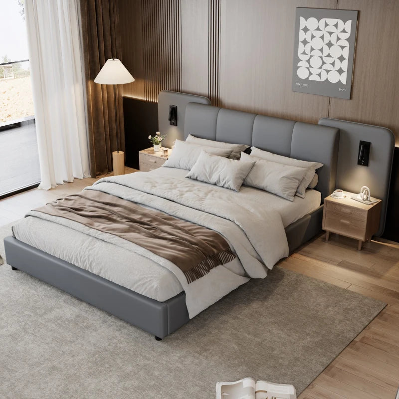 Upholstered Full-Size Double Bed with Charging Port & LED Lighting - Grey, Impact-Resistant Sponge Padding, 209L x 221W x 86.5H cm