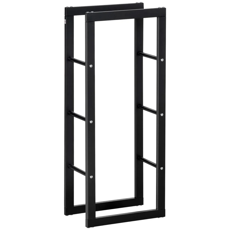 Tall Metal Firewood Log Holder Rack - Indoor/Outdoor Fireplace Wood Storage Shelf, Rust-Resistant, Black, 40W x 25D x 100H cm