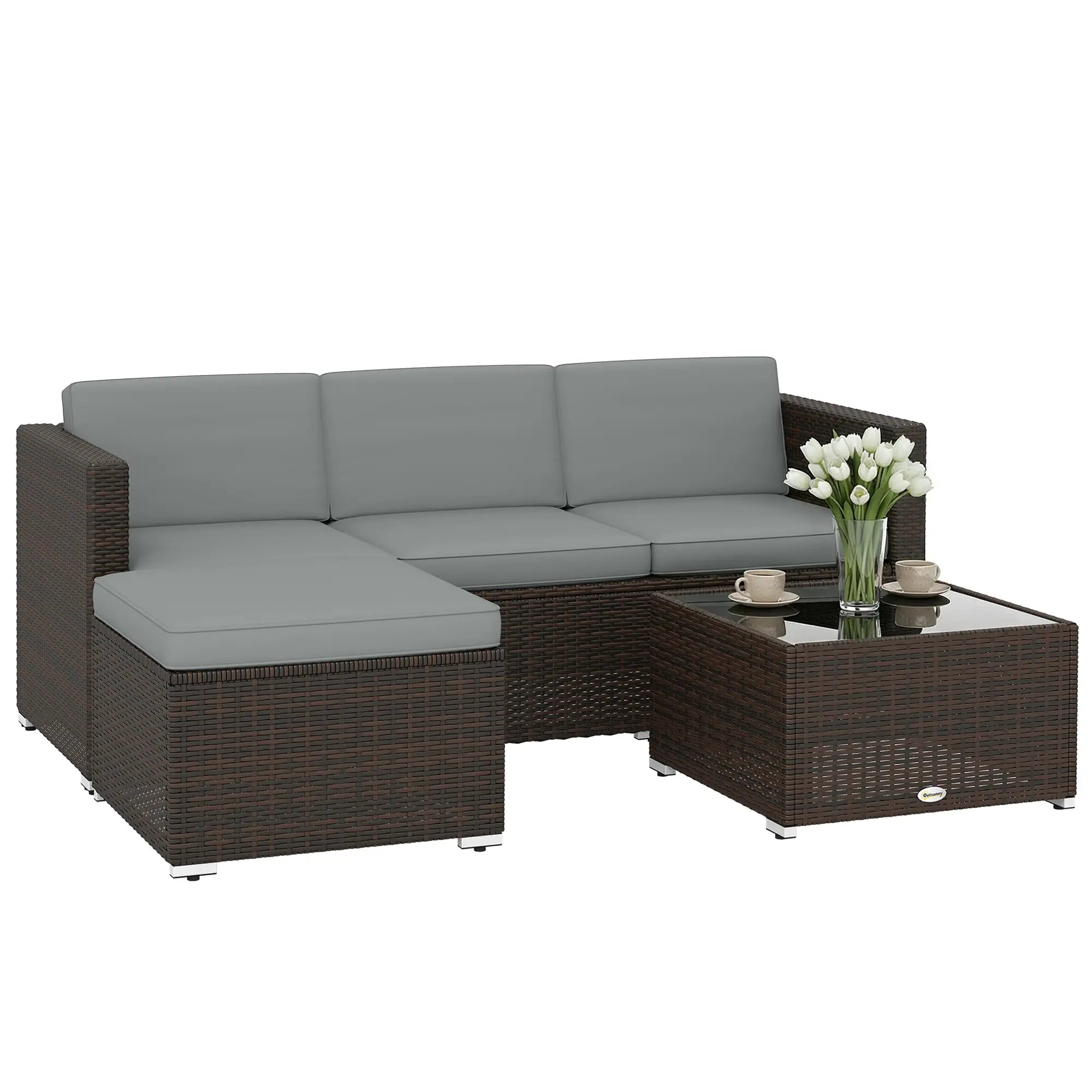 Light Grey 3-Piece Rattan Corner Lounge Set with Cushions – Compact Garden Conversation Sofa Suite