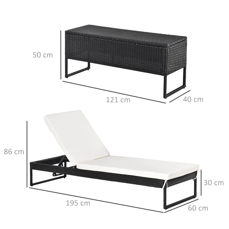 Black Rattan 2-Seat Outdoor Sun Lounger Set with Table