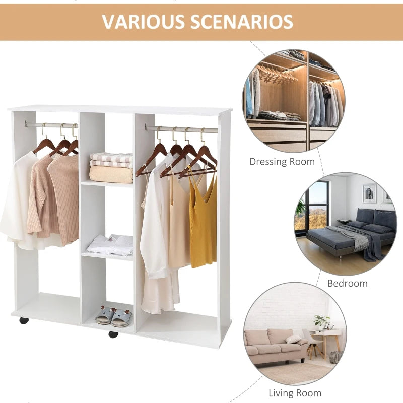 Double Mobile Open Wardrobe Storage Organizer with 6 Wheels Stylish White Design