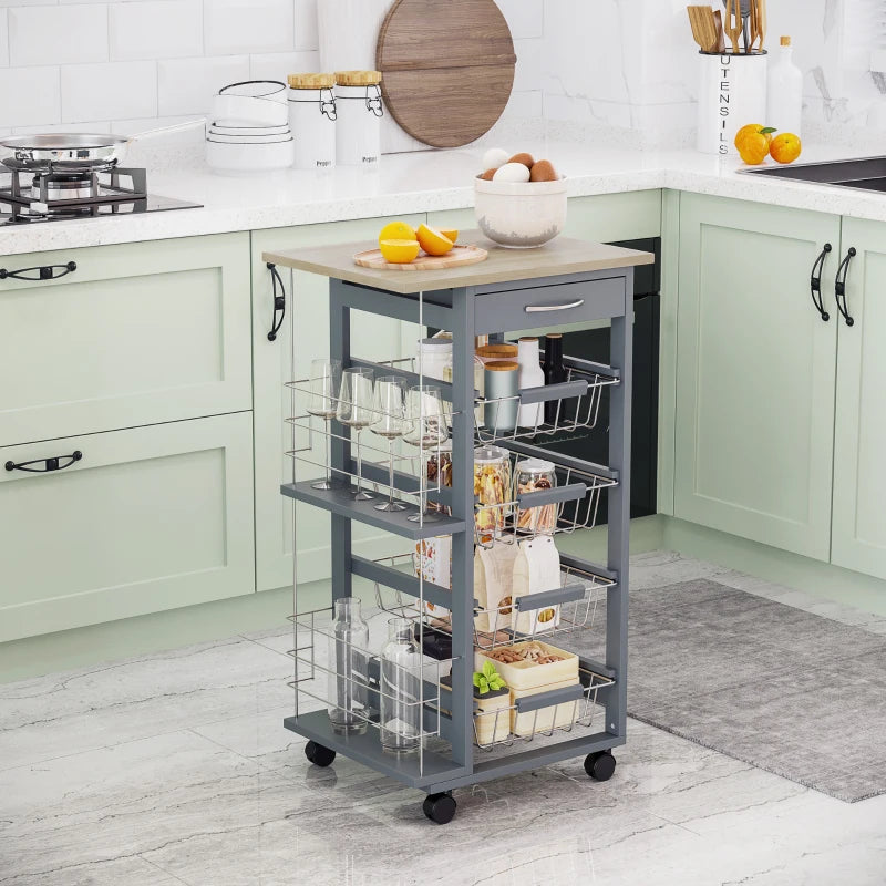 Rolling Kitchen Cart with 4 Basket Drawers & Side Racks - Utility Storage on Wheels for Dining Room - Grey