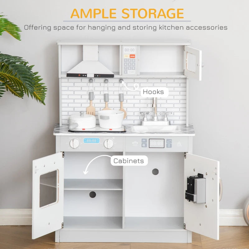 Kids Wooden Toy Kitchen Playset with Sound & Light, Battery Operated Cooktop & Ice Machine, Marble Countertop, Ages 3-6