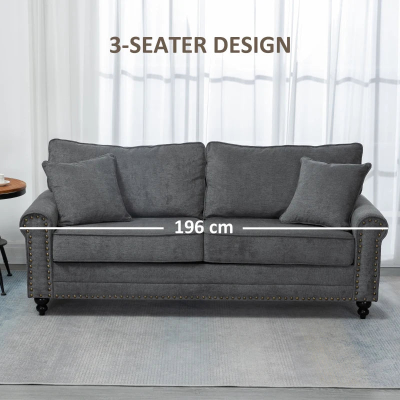 Stylish Grey 3 Seater Sofa with Extra Padded Cushions and Rubber Wood Legs for Living Room
