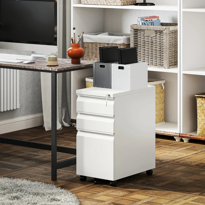 Vinsetto 3-Drawer Lockable Steel Filing Cabinet on Wheels - Modern White Office Storage Solution