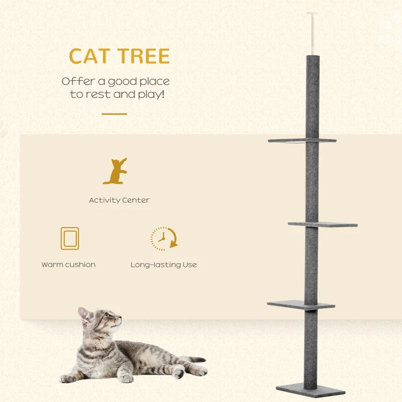 260cm Indoor Cat Tree with 3 Platforms - Grey Floor to Ceiling Activity Centre for Cats