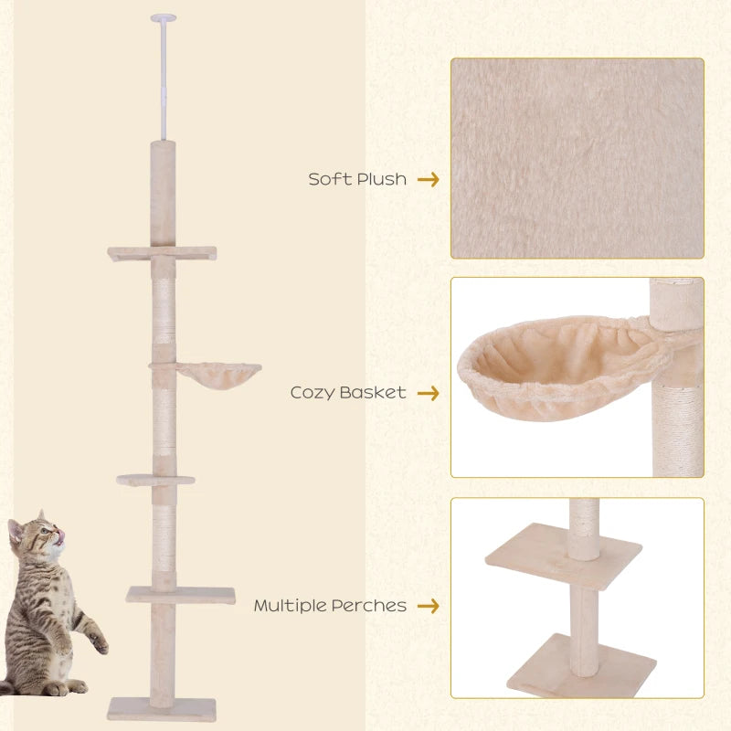 Adjustable 5-Tier Floor to Ceiling Cat Tree 230-260cm - Scratching Post, Hammock & Perches for Indoor Kittens - Beige