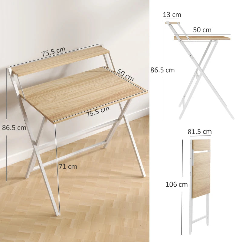 81.5 cm Folding Computer Desk with Monitor Shelf - Stylish Natural Wood Finish for Home Office & Study