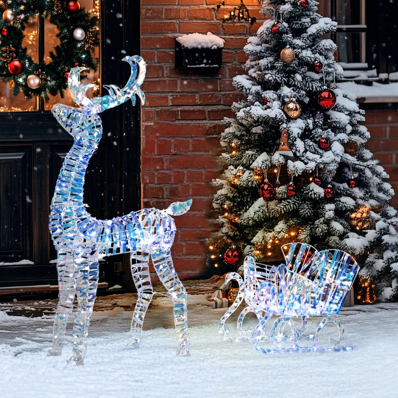 Lighted Christmas Reindeer Sleigh - 170 Warm White LED Outdoor Yard Decor, Waterproof Silver Holiday Decoration with Stakes