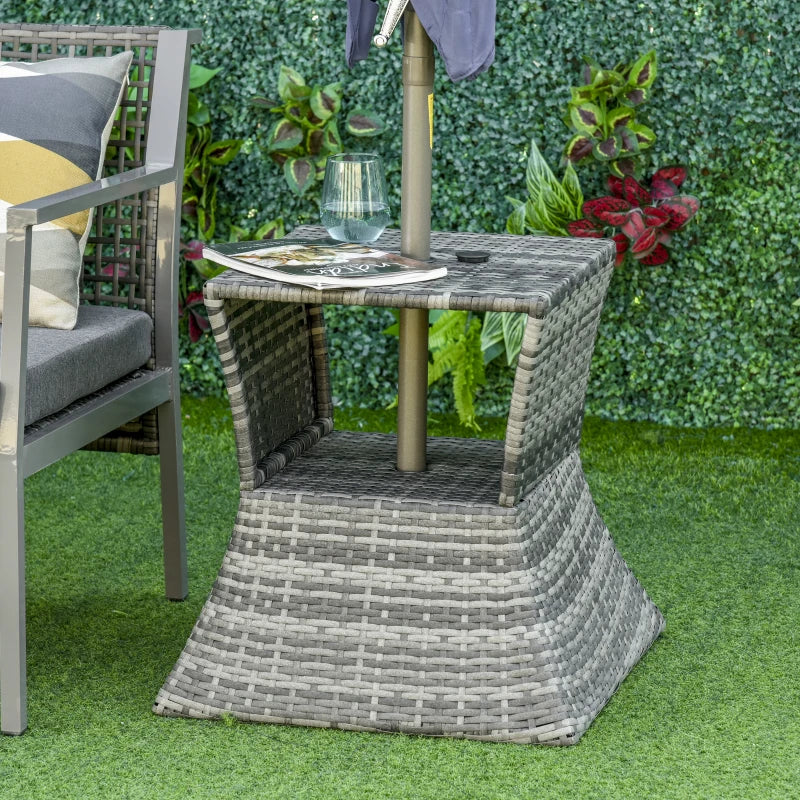 Grey Rattan Wicker Patio Coffee Table with Umbrella Hole and Storage