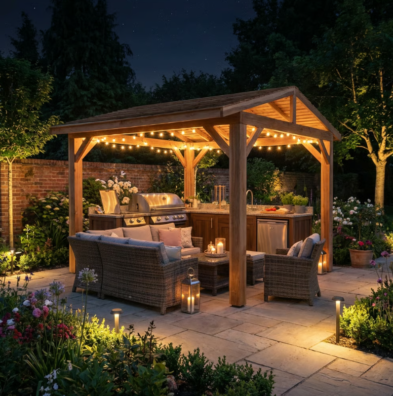 Ruby Planed Cedar Pergola with Cedar Featheredge Roof – No Overhang Design