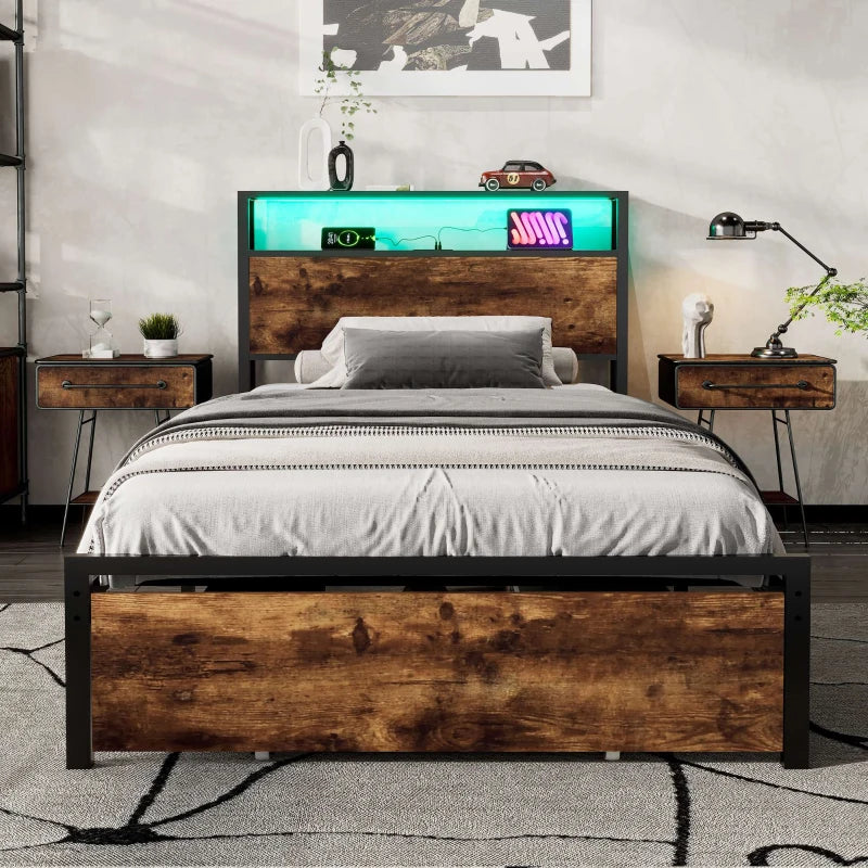 Unique Black Metal Bed with LED Light Strip, USB Ports & Drawer - Modern Bedroom Furniture, 207.5x90.5x105 cm, Dark Walnut Accent