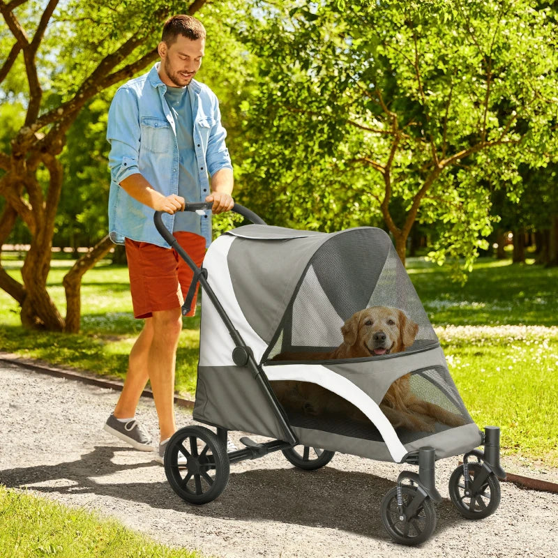 Foldable Large Dog Pet Stroller with 4 Big Wheels Shock-Absorbing Frame Safety Leashes and Brakes Dark Grey