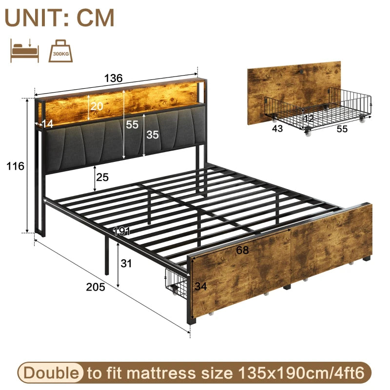 Stylish Black & Dark Walnut Double Bed Frame with Storage Drawers, RGB LED Headboard & Charging Station - 205L x 136W x 116H cm