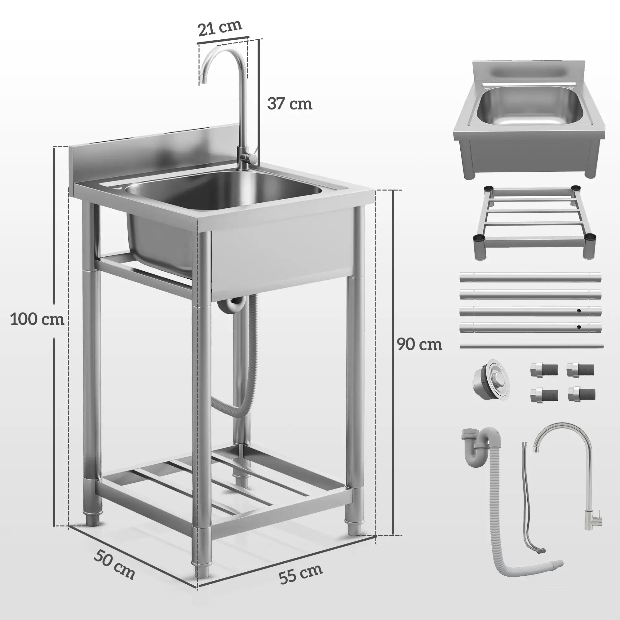 Outdoor Utility Sink - Free Standing Single Bowl Kitchen Sink with Cold and Hot Water Pipe and Storage - for Laundry Garage