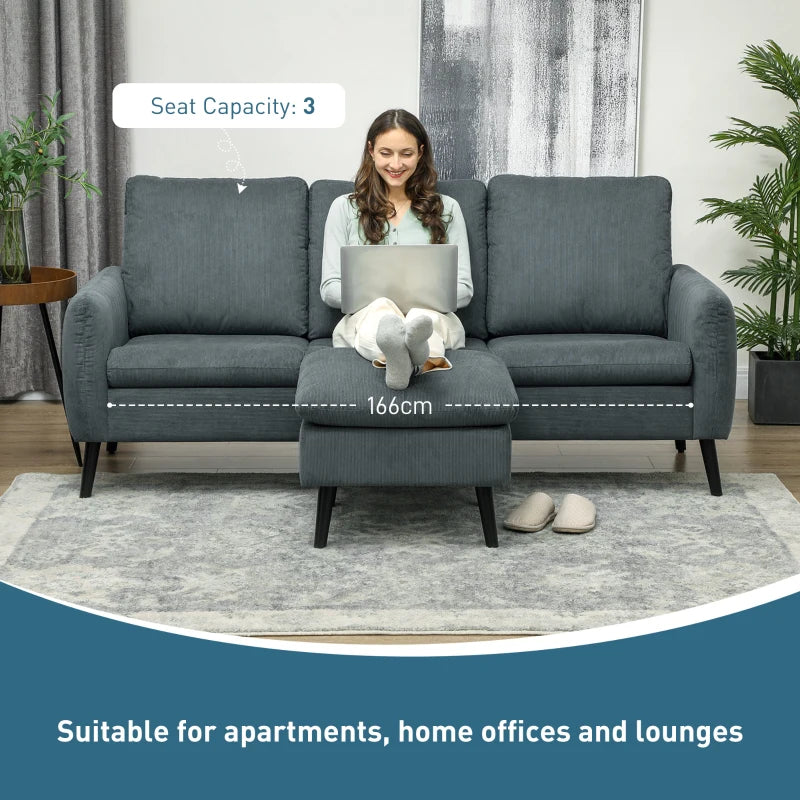 Charcoal Grey 3 Seater L-Shaped Sofa with Ottoman and Reversible Chaise for Small Living Spaces
