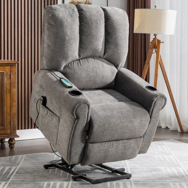 Electric Power Lift Recliner Chair with Heated Massage, Stand Assist, Storage Pockets and Cup Holders in Grey