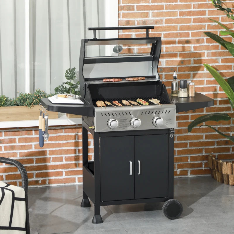 Black 9kW Three-Burner Gas BBQ Grill with See-Through Lid