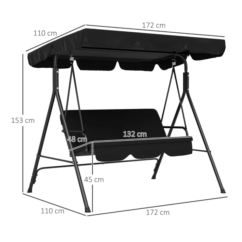 Black 3-Seater Garden Swing Chair with Adjustable Canopy