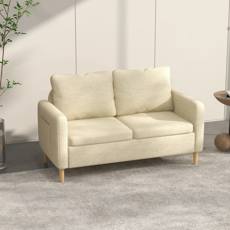 Modern Two-Seater Sofa for Living Room, Stylish Fabric Couch with Wooden Legs and Storage Pockets, Beige