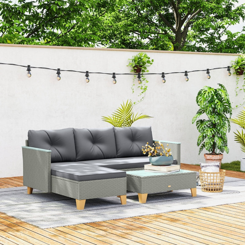 3-Piece Rattan Garden Furniture Set - L-Shaped Chaise Lounge & Coffee Table with Cushions
