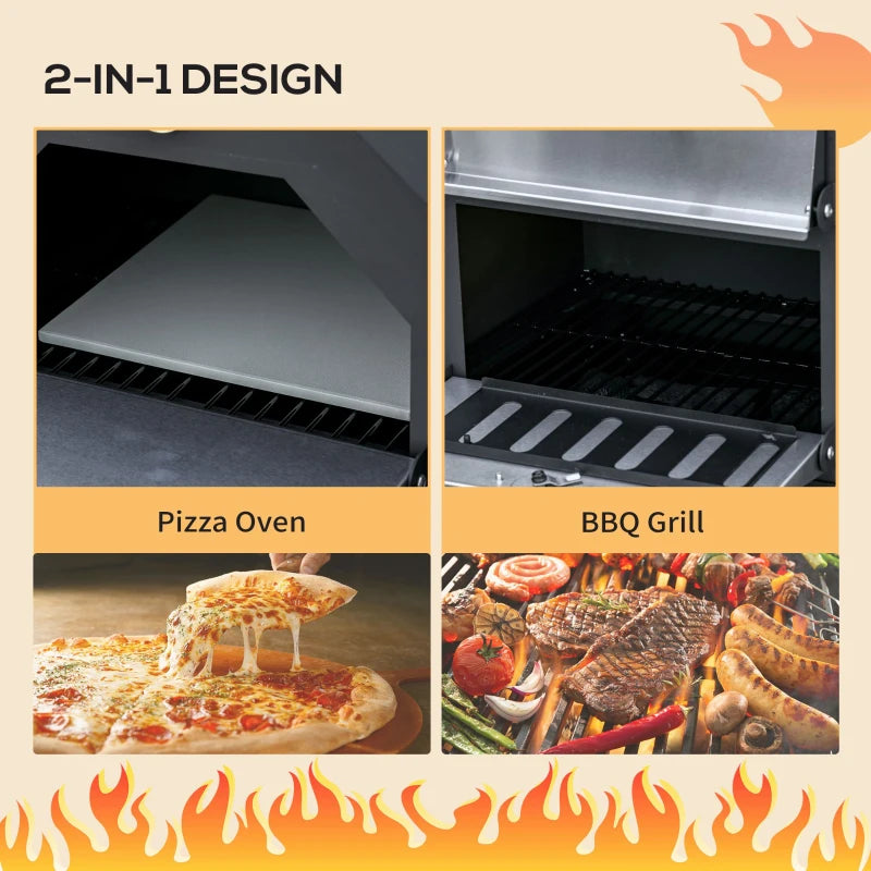 Stainless Steel Outdoor Pizza Oven BBQ Grill - Charcoal, 3-Tier, Chimney, Thermometer, Wheels - Black