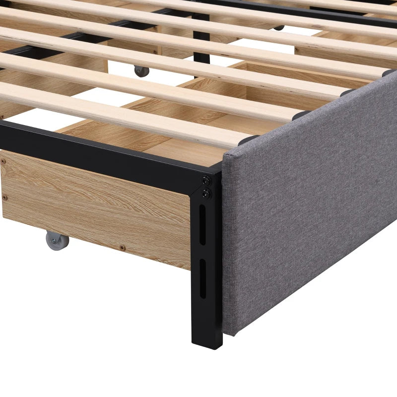 Upholstered Storage Bed with 4 Drawers - Double Bed with Iron Frame & Wooden Slats, Grey, 193.5 x 141 x 30 cm